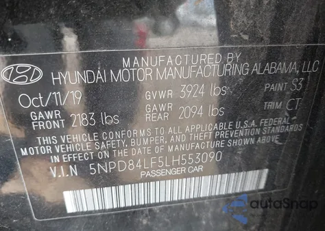 2020 Hyundai Elantra Sel z USA, uszkodzony, nr VIN 5NPD84LF5LH553090